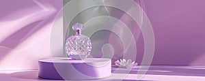 Elegant purple glass perfume bottle on a minimalist modern podium