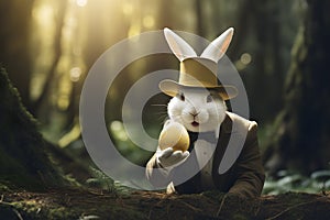 elegant rabbit with egg, in forest, generative AI