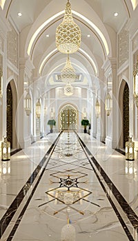 Elegant ramadan kareem interior lanterns, arches, doors, and plants in abstract islamic design