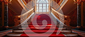 Elegant Red Carpeted Staircase Leading to Large Window photo