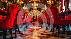 Elegant Red Chairs in Luxurious Event Hall. Generative ai