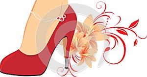 Elegant red female shoes with lilies