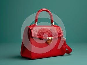 Elegant red leather handbag with a gold clasp on a contrasting teal background.