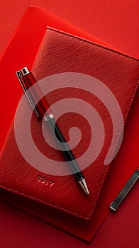 Elegant Red Leather Notebook and Pen on a Textured Background with Copy Space Office, Business, and Education Conceptual Photo