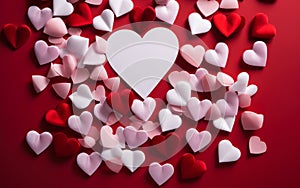 Elegant red and pink hearts scattered around a blank white card on a crimson background, symbolizing love, Valentine\'s Day