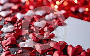Elegant red and pink hearts scattered around a blank white card on a crimson background, symbolizing love, Valentine\'s Day