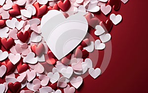 Elegant red and pink hearts scattered around a blank white card on a crimson background, symbolizing love, Valentine\'s Day,