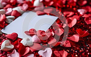 Elegant red and pink hearts scattered around a blank white card on a crimson background, symbolizing love, Valentine\'s Day,