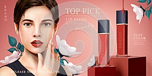 Elegant red and pink lip gloss ads