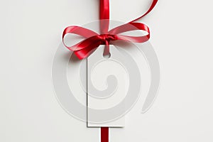 Elegant Red Ribbon with Blank Tag on White Background