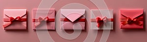 Elegant Red Ribbon Wrapped Gift Boxes and Envelope on Soft Pink Background for Holidays and Special Occasions