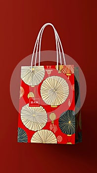 Elegant Red Shopping Bag with Traditional Chinese Lantern Design photo