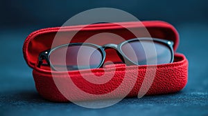 Elegant Red Spectacle Case Holding Glasses on a Clean Surface