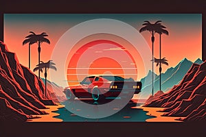 Elegant red sports coupe on the sunset background. Concept of car trip, vacation, rest. Generative AI photo