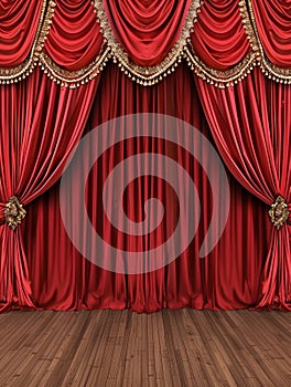 Elegant red stage curtains with gold accents