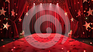 Elegant Red Stage with Velvet Curtains Ready for Performance. A Festive Atmosphere with Star Decorations and Spotlight