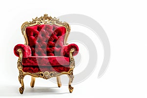 Elegant red velvet chair with ornate golden frame isolated on a white background, symbolizing luxury and royal decor