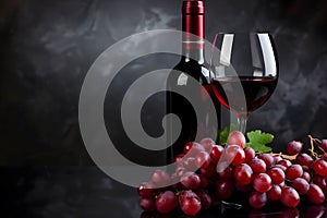 Elegant red wine bottle and glass with fresh grapes. Luxurious and sophisticated