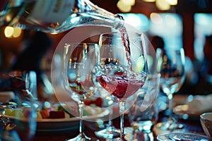 Elegant red wine pouring into glass at festive dinner