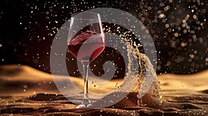 Elegant red wine splashing into a glass on smooth sand