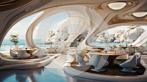Elegant Restaurant Inside The Floating Resorts Above The Sea. Luxury Dining Above The Waves. Generative AI