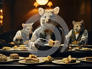 In an elegant restaurant, mice in waiter attire serve an array of gourmet cheeses