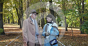 Elegant, retired family couple talking during a walk in the autumn park.