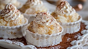 elegant rice pudding, a tray of rice pudding servings topped with whipped cream and cocoa powder, a decadent dessert photo
