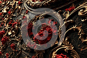 Elegant Richly ornate black red wall. Generate Ai