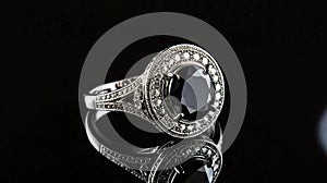 Elegant ring with large black gemstone, surrounded by intricate designs and smaller sparkling stones, showcased on reflective