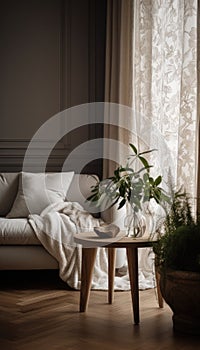 Elegant room interior with vets and coffee table