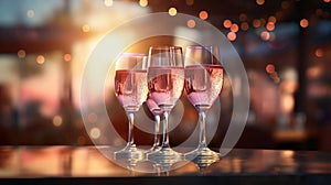 Elegant rose gold champagne glasses with bokeh lights background for festive celebrations