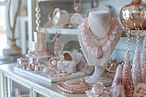 Elegant Rose Gold Jewelry Display on White Dresser with Decorative Ornaments and Mirrors