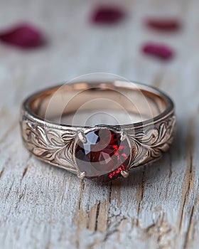 Elegant rose gold ring with a deep red garnet.