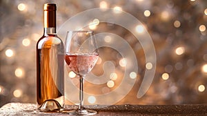 Elegant Rose Wine Bottle and Glass With Golden Bokeh Background