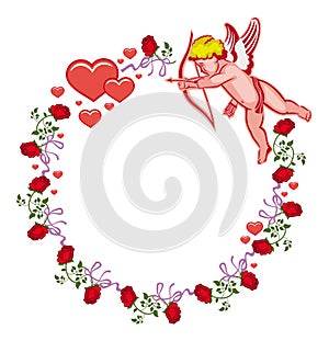 Elegant round frame with Cupid, red roses and hearts. Raster clip art.