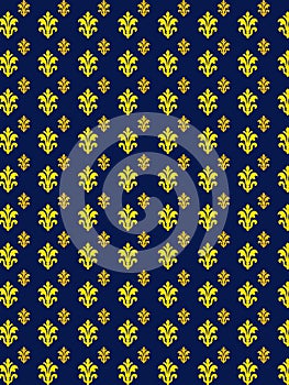 Royal blue and gold fleur de lis seamless pattern.