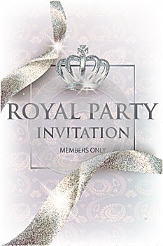 Elegant royal invitation white card with sparkling ribbons and crown.