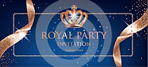 Elegant Royal party invitation card with beige sparkling ribbons and crown.