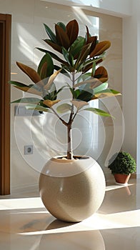 Elegant rubber plant in a spherical pot graces a modern home interior
