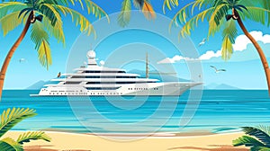 An elegant sailboat moored in a tropical island harbor with palm trees and a sandy beach. Cruise ship on water surface