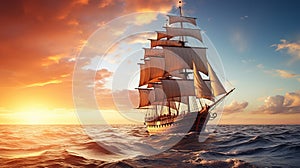 Elegant Sailing Ship Gliding on Calm Sea at Sunrise with Majestic Mountains in Background