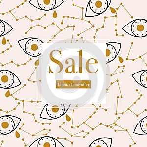 Elegant sale banner with golden eye and celestial elements.Vector elements. Geometric banner