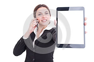 Elegant sales woman showing tablet with blank display