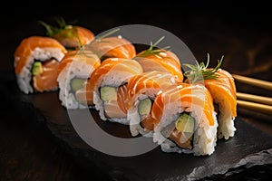 Elegant salmon sushi rolls on dark slate