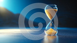 Elegant Sand Timer on a Wooden Table, Capturing the Essence of Time with Glowing Sand Flow