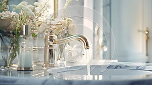 Elegant sanitary ware, golden water tap in a luxury bathroom in pastel colors. Clean transparent water flows.