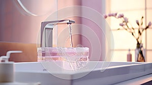 Elegant sanitary ware in a luxury bathroom in pastel colors. Clean transparent water flows.