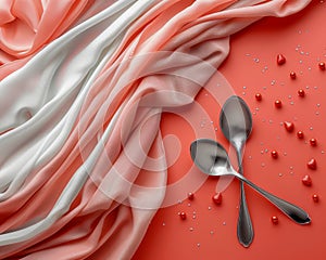 Elegant Satin Fabric Drapery with Two Spoons and Scattered Heart Confetti on Vibrant Coral Background Table Setting Concept