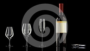 Elegant scene - one bottle of red wine and three different wineglasses